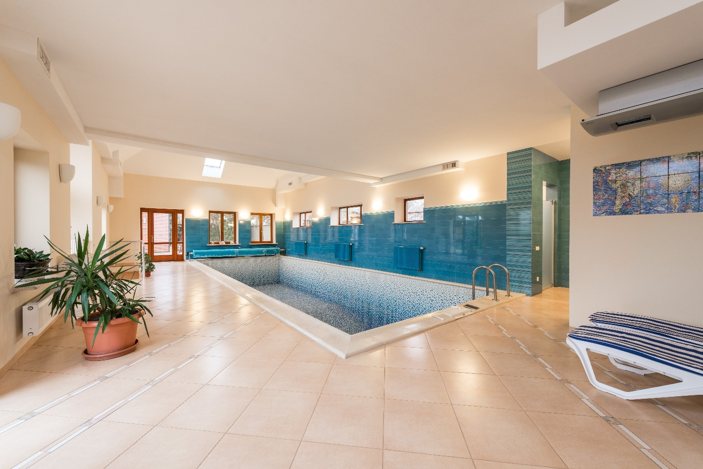 Indoor swimming pool with windows and plants.