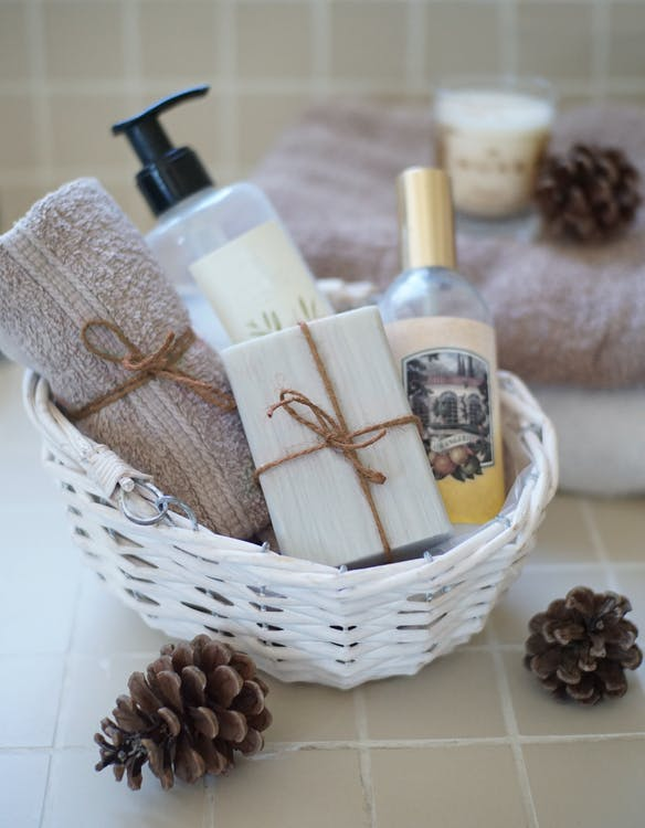 A basket containing shower products 