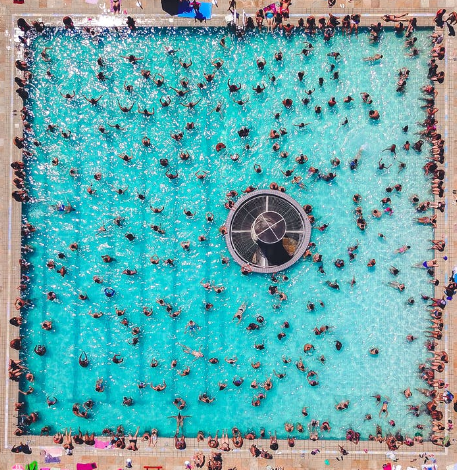 Top view of a filled public pool